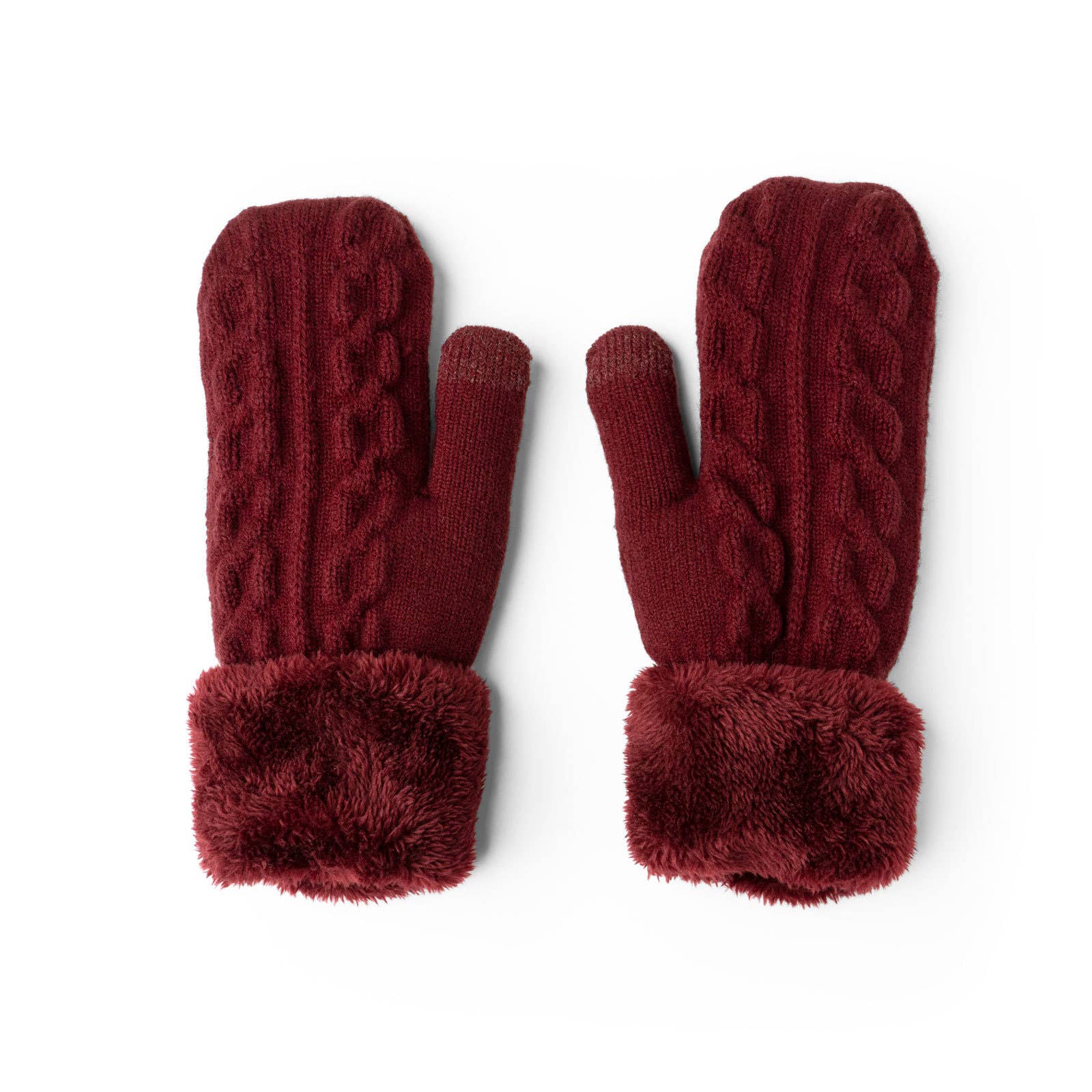 A pair of Cozy Cable Knit Mittens in red, showcasing a cozy cable-knit pattern with soft, fluffy cuffs. Designed to ensure warmth and comfort, these mittens feature an ultra-warm plush lining and a classic look. Laid flat on a white background, they beautifully display their texture and details.