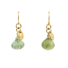 Load image into Gallery viewer, The Just The Thing Earrings feature circular gold-filled hooks with small, textured discs and green faceted teardrop smokey quartz gemstones hanging beneath. These slightly translucent stones are beautifully showcased on a white background.
