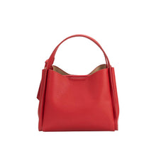 Load image into Gallery viewer, The Felicity Red Recycled Vegan Top Handle Bag boasts a textured surface, crafted from recycled vegan leather. It has a curved top opening, a wide handle, and the brand &quot;JILL BENT&quot; embossed at the bottom. The beige interior lining enhances its minimalist elegance.
