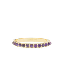 Load image into Gallery viewer, The Semi Precious Stone Bangle is a hinged accessory made of gold, featuring small, round purple semi-precious stones that are evenly spaced along its 6 1/4&quot; circumference. The interior is engraved with the name &quot;arun sahil,&quot; which stands out beautifully against the smooth gold finish, offering an elegant and minimalist style.
