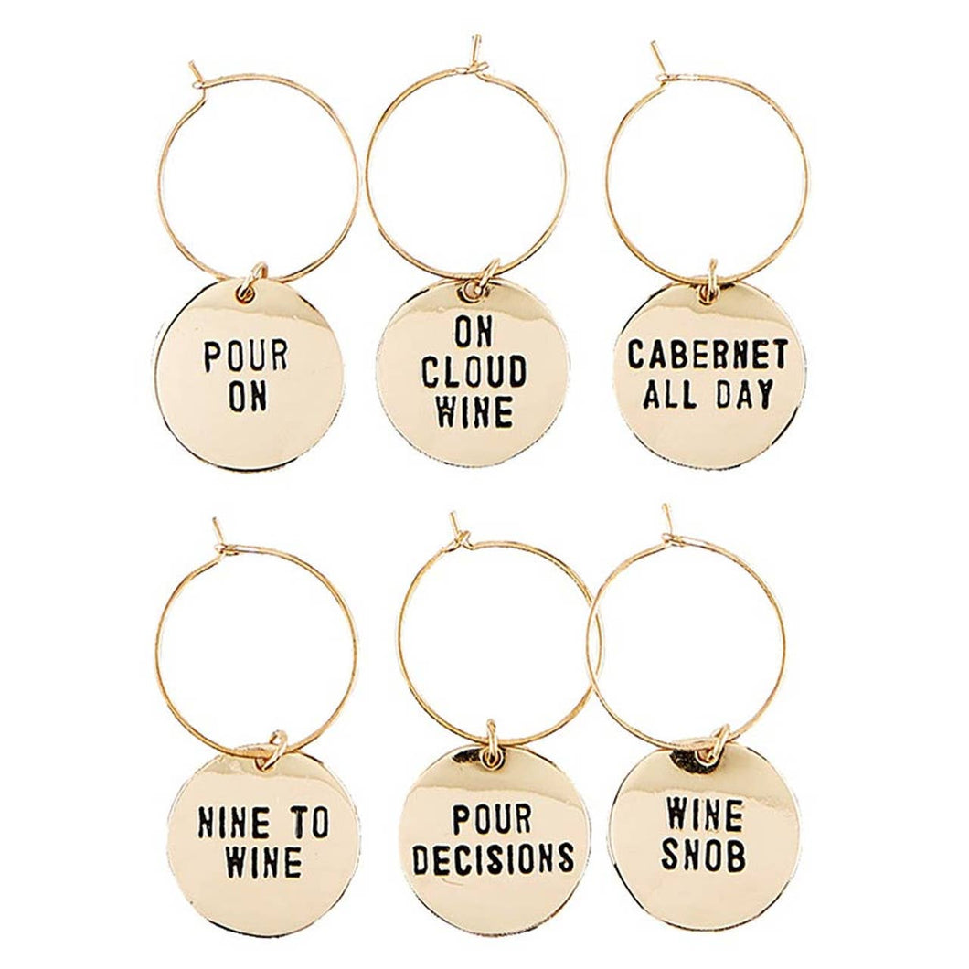 The Gold Wine Charms in Pine Box - Wine Tasting Daily set includes six playful charms, ideal for gifts. Featured phrases: 