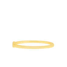 Load image into Gallery viewer, The Flat Hinge Bangle is a thin, gold-colored bracelet with a smooth, polished surface that measures 5 mm in width. Its simple yet elegant design is slightly oval-shaped and features a subtle hinge closure. The plain white background highlights the bracelet&#39;s sheen and minimalist style.
