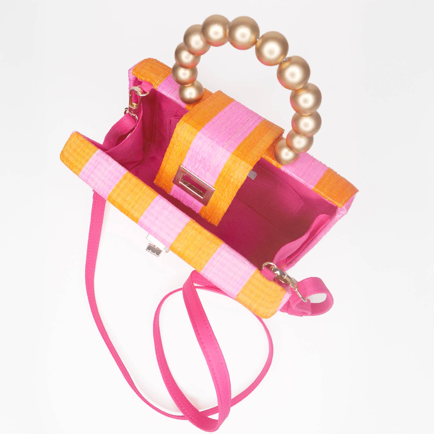 Pink &amp; Orange Stripe Bag | Gold Handle | Statement Clutch