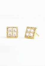 Load image into Gallery viewer, The Dignity Zircon Stud Earrings are square-shaped 14K gold pieces featuring four clear gemstones arranged in a 2x2 grid, surrounded by tiny, sparkling stones. Hypoallergenic and elegantly showcased upright on a white background, these earrings provide both style and comfort.
