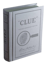 Load image into Gallery viewer, The Clue Vintage Bookshelf Edition is a board game featuring premium components, designed to look like a gray hardcover book with a magnifying glass and fingerprint graphic on the cover. Suitable for ages 8 and up, it accommodates 3 to 6 players for an engaging experience.
