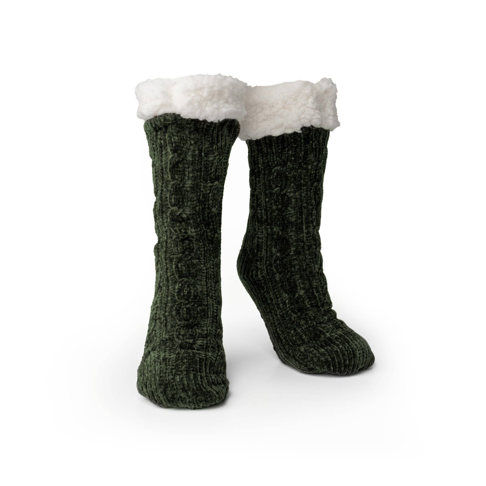 Introducing the Beyond Soft Slipper Socks, a pair of cozy, dark green cable-knit slipper socks with fluffy white cuffs that stand upright. Featuring a classic cable pattern and non-slip soles, these socks ensure stable steps. The soft, plush cuffs provide warmth and comfort, making them perfect for cold weather lounging.