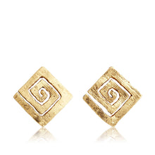 Load image into Gallery viewer, A close-up of the Modern Square Spiral Stud Earrings reveals square-shaped, gold-plated pewter pieces with a textured surface. Each earring features a central spiral design, exhibiting an antique gold finish. Set against a plain white background, the metallic sheen and intricate detailing of these elegant earrings are beautifully highlighted.
