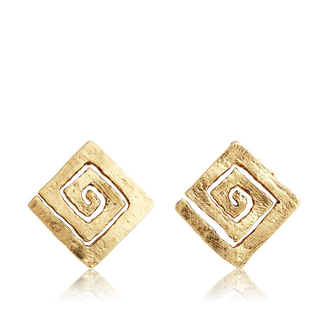 A close-up of the Modern Square Spiral Stud Earrings reveals square-shaped, gold-plated pewter pieces with a textured surface. Each earring features a central spiral design, exhibiting an antique gold finish. Set against a plain white background, the metallic sheen and intricate detailing of these elegant earrings are beautifully highlighted.