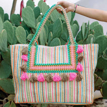 Load image into Gallery viewer, Teal/Pink/Green/Orange Striped Tote Bag
