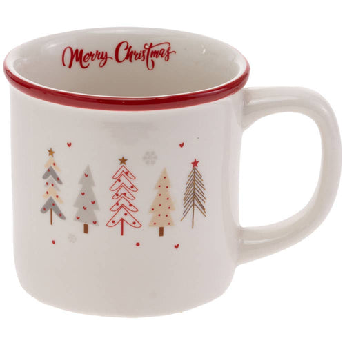 This holiday gift, the Festive Trees Ceramic 14 oz. Mug Christmas, features a white ceramic base with a striking red rim and showcases an array of stylized Christmas trees in shades of gray, red, and gold. Delicate red stars and snowflakes add to its charm. Inside the rim, 