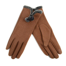 Load image into Gallery viewer, Women&#39;s Stylish Touch Screen Gloves with Fur Trim &amp; Fleece offer a cozy and elegant design, featuring soft fabric texture in brown with touch screen capability. They are accentuated by decorative gray fur trim at the cuffs and small pom-poms. The gloves are presented overlapping each other to highlight their chic appeal.
