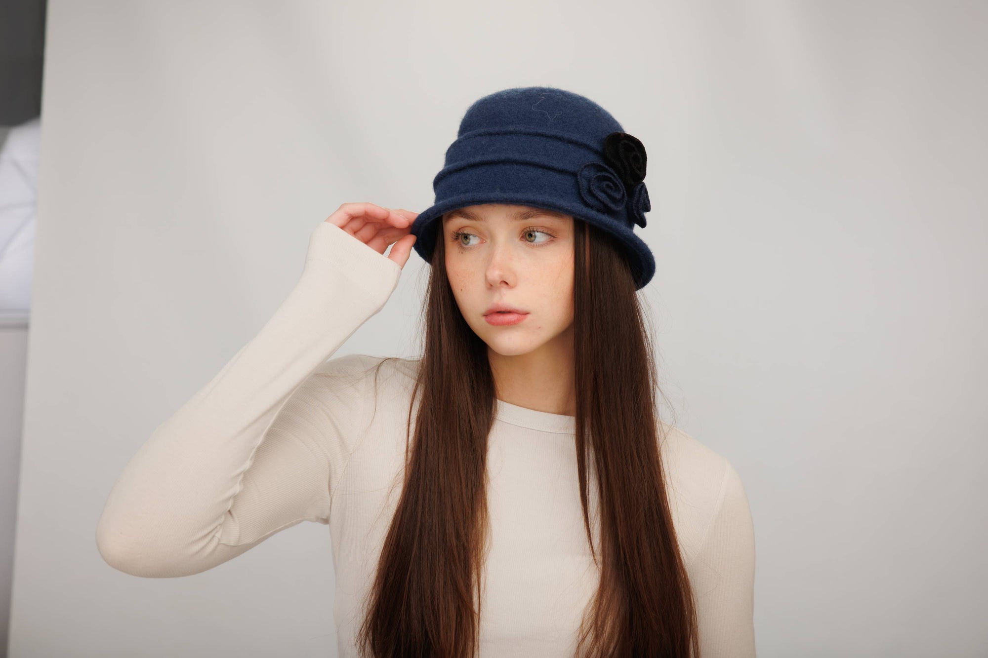 Boiled Wool Cloche Hat with Two Tone Flower