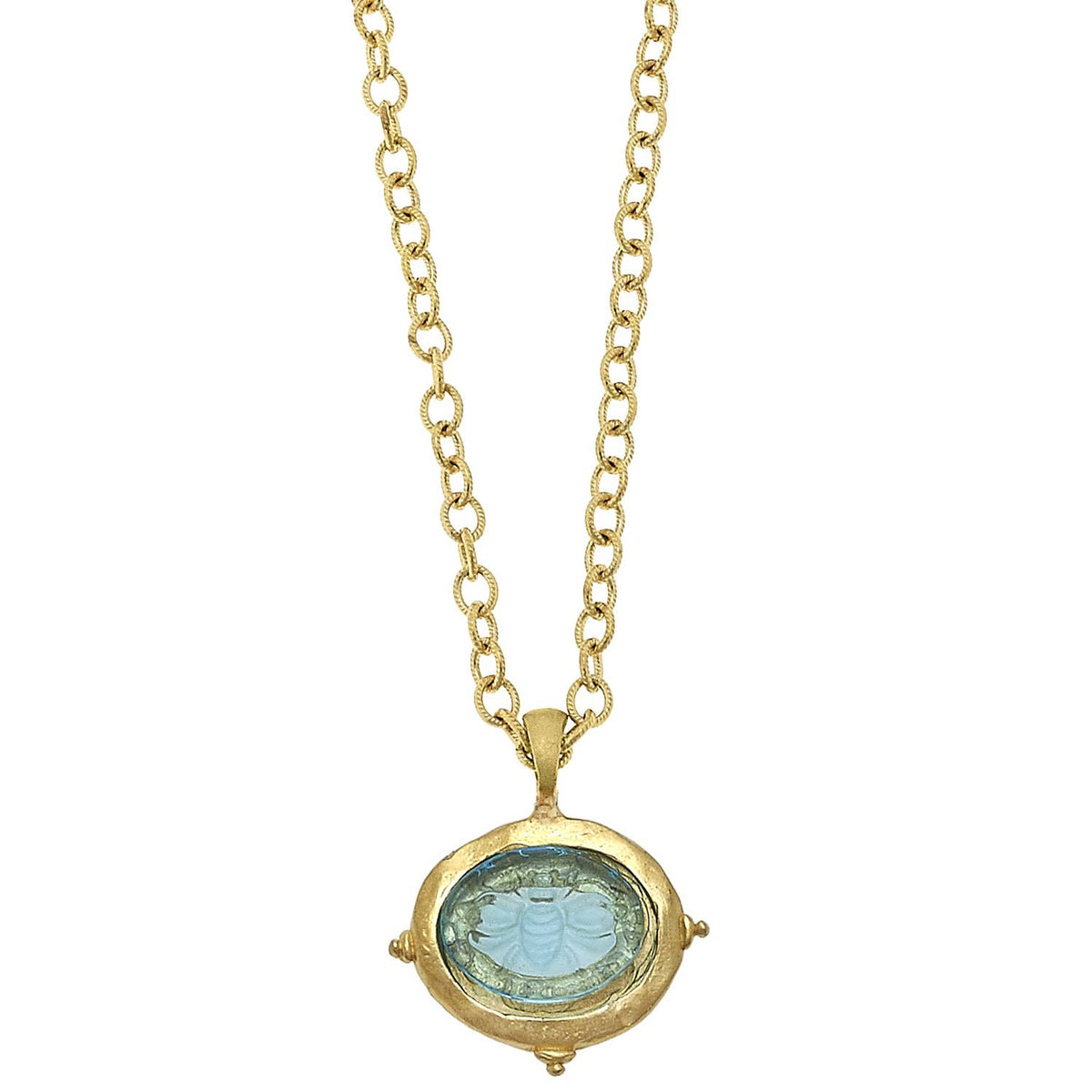 Aqua Venetian Glass Bee Intaglio on 30" Gold Chain Necklace