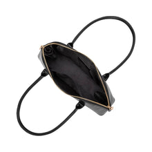 Load image into Gallery viewer, The Dakota Recycled Vegan Shoulder Bag showcases an open overhead view, crafted from recycled vegan leather with a gold zipper. Its black interior has two small pockets and an OEKO-TEX certified lining. Two long handles on each side highlight its elegant functionality for daily use.
