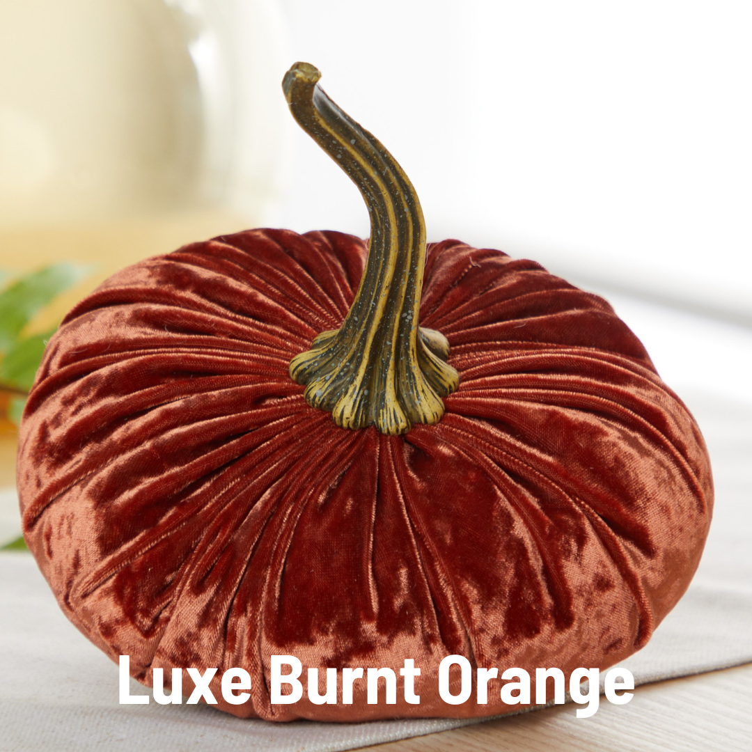 This Handmade Large Velvet Pumpkin is crafted from luxurious, rich burnt orange velvet and features a realistic brown and green twisted stem. Perfect for fall decorating, it showcases a soft texture with gathered fabric around the top. The words "Luxe Burnt Orange" appear in white on the lower left corner against a softly blurred background.