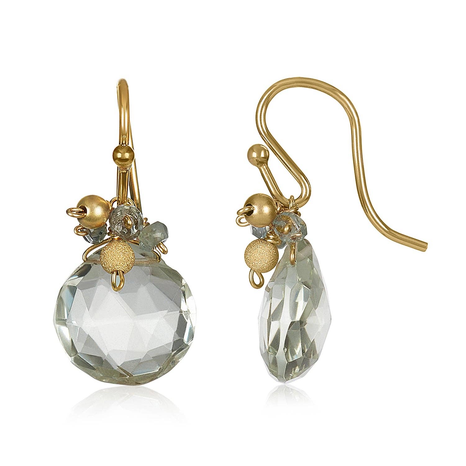Introducing the Mini Cluster Earrings: Gold-Filled, featuring gold-tone hooks and faceted clear crystal pendants. Each earring is adorned with decorative elements like small gold beads and sparkling bead accents positioned just above the main crystal. This elegant and classic design perfectly blends shimmering textures with a touch of sophistication.