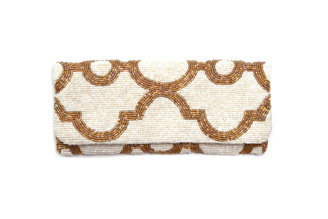Gold and Ivory Beaded Foldover Clutch