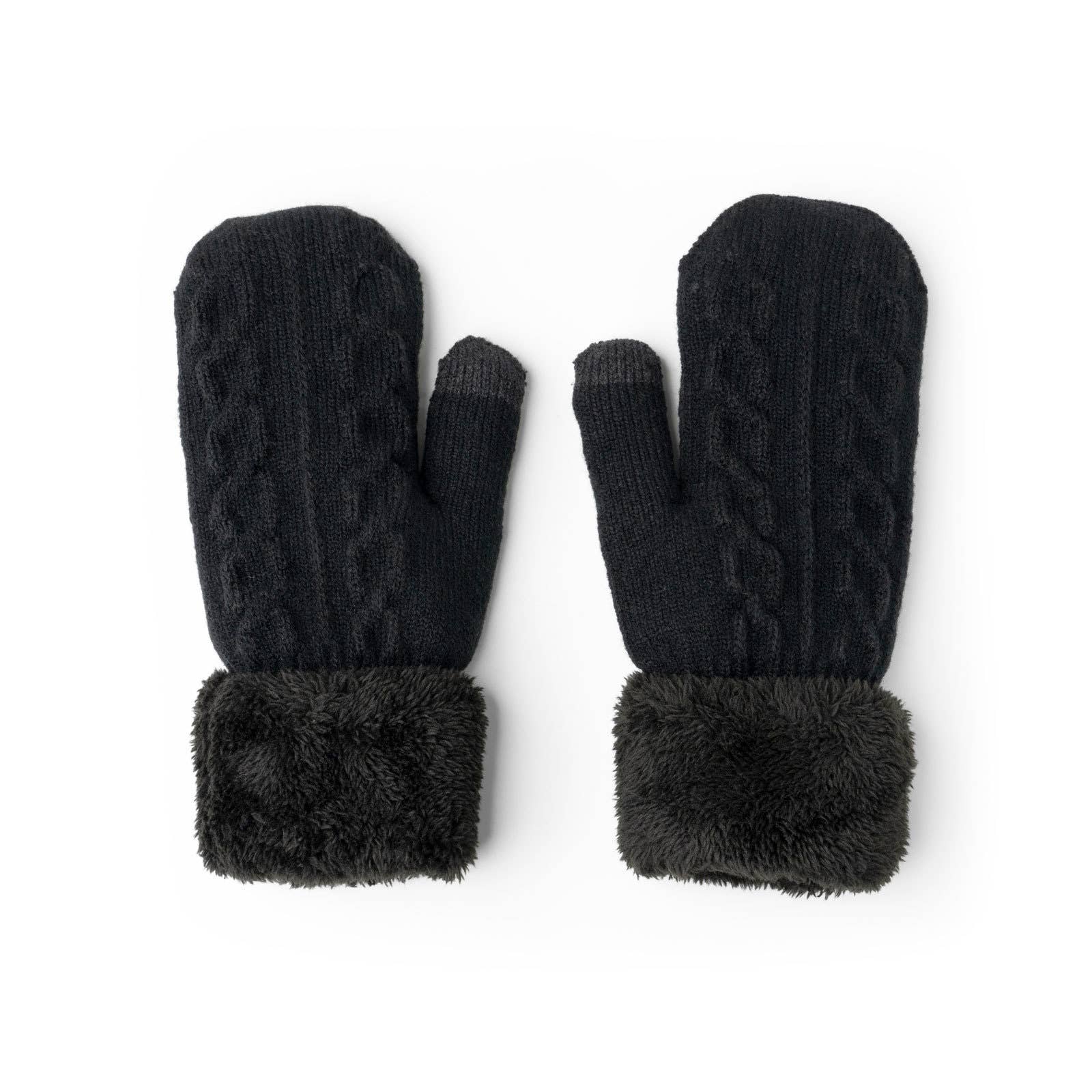 On a white background, the Cozy Cable Knit Mittens are showcased with their ultra-warm plush lining and subtle contrasting dark gray thumbs. The black knitted mittens, highlighted by their cozy cable knit pattern on the front, feature fuzzy cuffs that enhance their textured design with added comfort.
