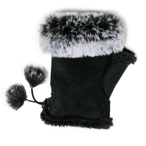 The Tasha Fingerless Gloves in black offer a chic blend of style and functionality, featuring a side opening at the wrist for easy finger access. The luxurious design includes white and gray faux fur trimming, complemented by decorative fur pom-poms that dangle from strings, enhancing its plush texture with added charm.