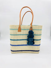 Load image into Gallery viewer, Capitola Pinstripes Sisal Basket Bag with Waterfall Pompoms
