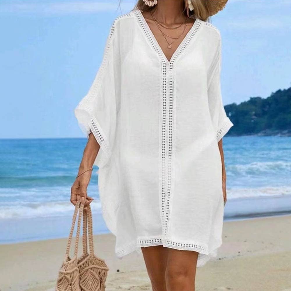 Solid Color V Neck Beach Cover Up
