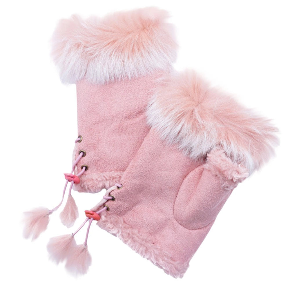 Two Toned Real Fur Trim Fingerless Gloves