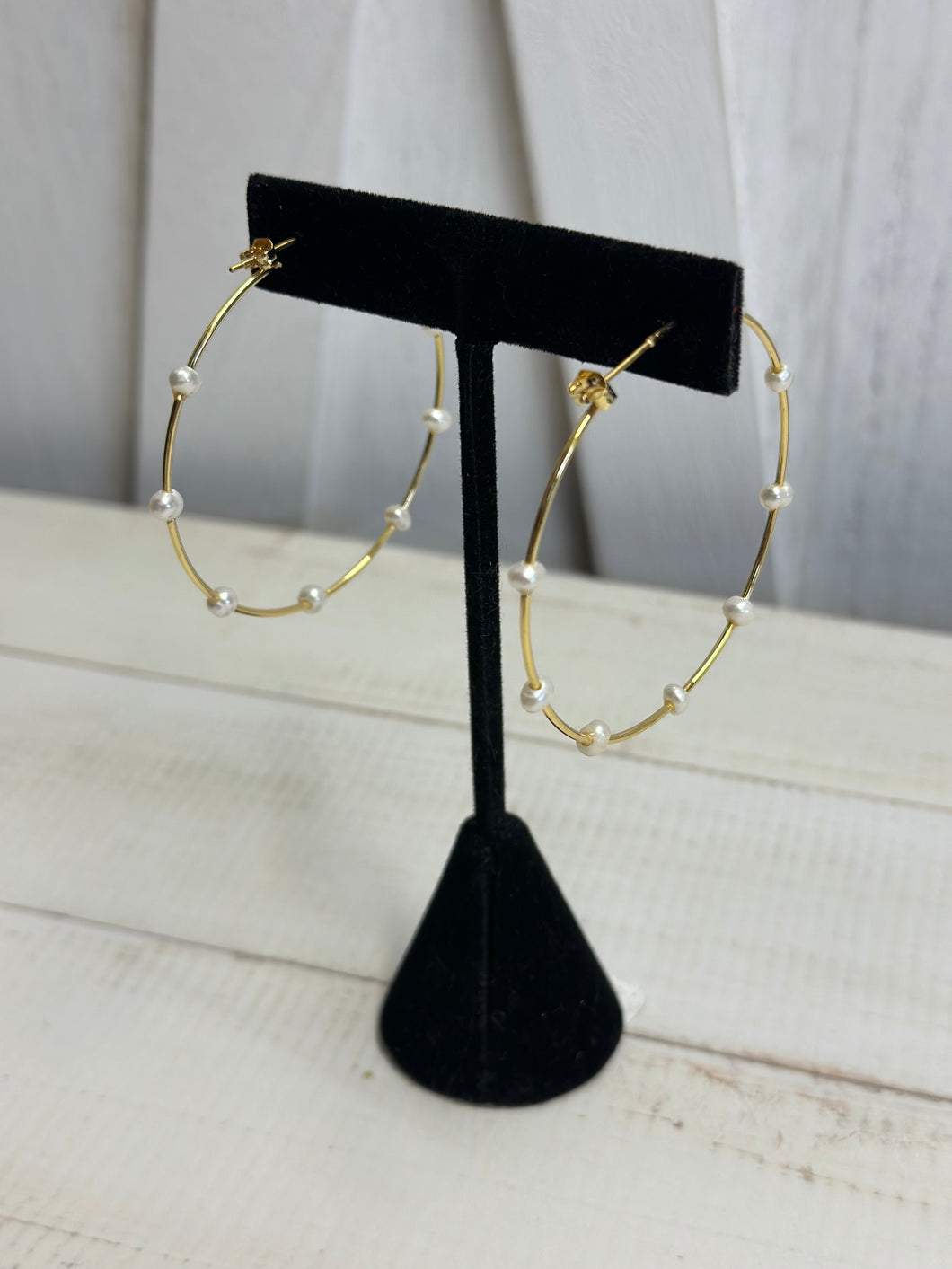 Gold Plated/Pearl 2” Thin Hoop with Gemstones