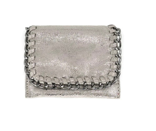 A compact silver chain wallet features a textured design and flap closure. The wide, interlinked chain-like trim with a metallic finish decorates the edges. Its rectangular shape with slightly rounded corners gives it a sleek, modern look against a plain white background.