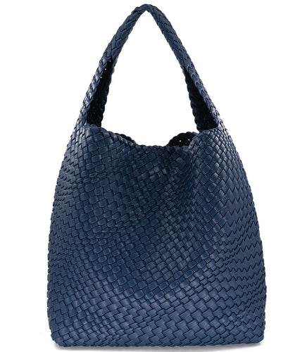 The Woven Bag (Bag in a bag) is a chic accessory featuring a stylish blue woven PU design with a unique interlaced pattern. It includes a single, wide handle and boasts a spacious, slouchy silhouette. The basket weave texture adds an elegant touch to its craftsmanship.