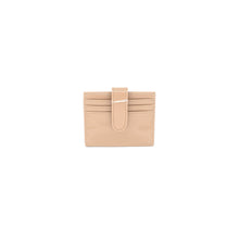 Load image into Gallery viewer, This vegan leather card holder in beige, featuring a centrally located snap closure strap, offers three horizontal card slots on the front. Its neat and structured design is accentuated by visible stitching along the edges. Styled against a plain white background, it&#39;s both chic and ethical.
