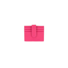 Load image into Gallery viewer, Introducing our Card Holder: This vibrant pink vegan leather cardholder, complete with a strap closure, offers a sleek minimalist design and multiple card slots on the front. The plain white background accentuates its eco-friendly charm.
