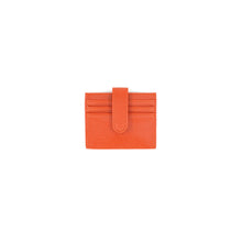 Load image into Gallery viewer, The Card Holder is crafted from orange vegan leather with a textured finish and features a flap closure. Its minimalist and compact design includes three prominent card slots at the front, ideal for holding essential cards, all set against a plain white background.
