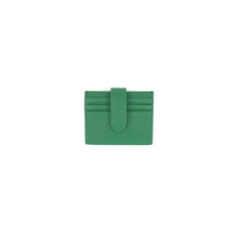 Load image into Gallery viewer, A vegan green Card Holder with a textured surface and neat stitching is centered against a white background. This elegant accessory offers multiple card slots and a central clasp for secure closure, showcasing its sleek and compact design.
