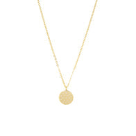 Introducing the Gold Plated Necklace with Disc CZ Pendant: a delicate chain necklace showcasing a round, gold plated disc adorned with star-like cubic zirconia designs. The centrally hanging pendant combines elegance and minimalism, making it perfect for layering and everyday wear.