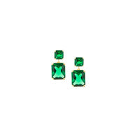 Close-up of sophisticated Gold Plated Sapphire Princess and Emerald Cut Drop Post Earrings, showcasing a design with square and rectangular emerald-green gemstones. The earrings feature a smaller princess cut stone on top and a larger emerald cut stone below, both with a faceted look, displayed on a white background.