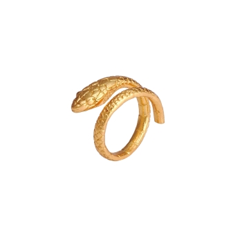 The Snake Ring is a gold-plated accessory intricately crafted to mimic a snake coiling around your finger, featuring detailed scales and a raised head. Its polished finish highlights the metal's brilliance, while its adjustable design ensures an ideal fit for any wearer. The product is displayed on a plain white background to emphasize its exquisite craftsmanship.