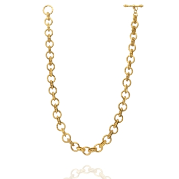 The Chain Link Necklace with Toggle Clasp showcases beautifully handcrafted round, polished links that connect seamlessly. The toggle clasp effortlessly fits into a circular loop, displaying the necklace's smooth and elegant curve against a plain white background.