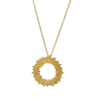 The Necklace with Circle Embellished Charm is a 22 karat gold-plated piece that boasts a fine chain and features a circular pendant. This handcrafted jewelry displays a sunburst design with textured, radiating spikes, offering a striking and elegant appearance. Its overall look is both modern and stylish.