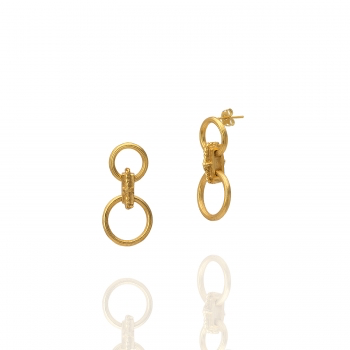 The Chain Link Earrings are showcased on a white background, featuring a double hoop design. Each handcrafted gold-plated earring displays two interlocking circular hoops, with the top hoop smaller than the bottom. They boast a polished finish and are coated with protective lacquer, subtly reflecting light.