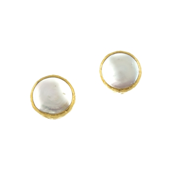 A pair of Pearl Button Earrings featuring round pearls set in gold-plated bezel settings against a white background. The pearls have a smooth surface with a subtle sheen, encircled by gold to create a classic and elegant appearance. The design's simplicity accentuates the natural luster of the pearls.