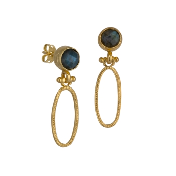 These Labradorite Earrings are timeless in design, featuring gold drop pendants with oval hoops, handcrafted in a stunning 22 karat gold-plated finish. Each earring displays a round, faceted dark labradorite gemstone set in a gold bezel, with a textured oval loop hanging below. They are secured with reliable post back closures.