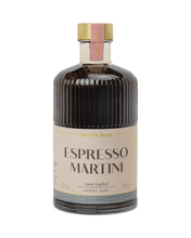 Load image into Gallery viewer, A 473 ml bottle of the Espresso Martini Mixer showcases a ribbed dark brown glass design with a beige label that reads &quot;Espresso Martini,&quot; complemented by a gold cap and a pink label strip adorning the top—ideal for your next vodka-infused evening.
