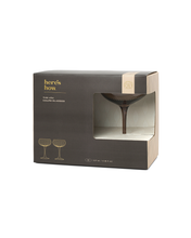 Load image into Gallery viewer, The elegant packaging for &quot;The Lou Coupe Glass - Set of 2,&quot; in black and beige with golden text that reads “here’s how,” showcases two glasses through a transparent window. An illustration of the coupe glasses decorates the side, complemented by mood-boosting colors and wavy patterns. Each glass, ideal for crafting cocktails, holds 187ml / 6.6 fl oz.
