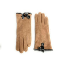 Load image into Gallery viewer, A pair of Micro-suede Gloves with Faux Fur Interior featuring tan color and gray faux fur trim, adorned with decorative pom-poms attached via small black ribbons. The gloves are crafted from a soft suede-like material, with one glove shown palm up and the other palm down against a pristine white background.
