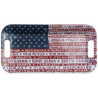 Load image into Gallery viewer, A rectangular tray made of melamine highlights a stylized American flag design, complete with handles. The blue area is adorned with white stars, while the red and white stripes artistically present U.S. state names in script font, such as California and Texas. This festive gift perfectly embodies the spirit of America.
