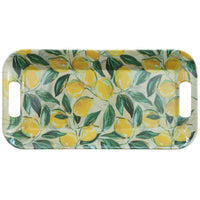 Load image into Gallery viewer, Rectangular Melamine Tray with cut-out handles, showcasing a lively and refreshing design of bright yellow lemons and green leaves against a light backdrop. Ideal as a festive gift to bring cheer and charm to any occasion.
