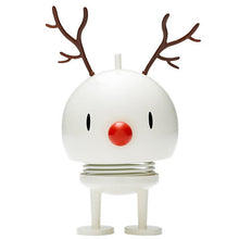 Load image into Gallery viewer, The Hoptimist Reindeer Bumble is an ideal choice for Christmas decorations or hostess gifts, showcasing a playful design with its round white body, red nose, and thin brown antlers. It stands on white springy legs, features simplistic black eyes, and captures a minimalist aesthetic.
