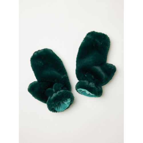 The Cozy Cabin Faux Fur Mittens, displayed in a fluffy dark green hue, boast a cozy plush texture. The lighter green interior lining is visible, adding to their stylish and warm appeal against a plain off-white background.