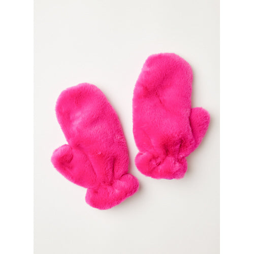On a plain white background, the Cozy Cabin Faux Fur Mittens are displayed side by side in a vibrant bright pink. Their plush faux fur texture suggests warmth and coziness, complemented by snug gathered cuffs. With thumbs facing inward towards each other, they evoke thoughts of chilly days and fireside comfort.