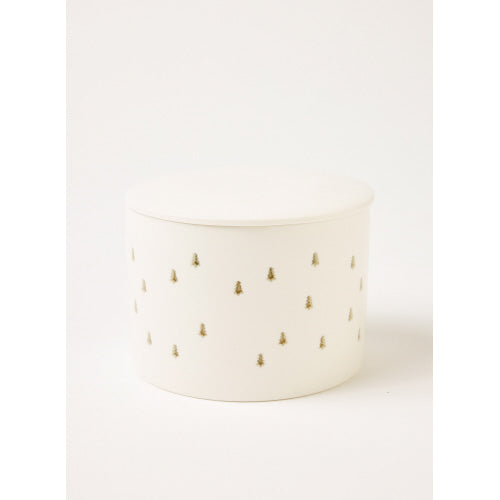 The Holiday Twinkle Ceramic Candle is a round, white ceramic vessel with a lid, featuring delicate gold pine tree designs evenly spread over its surface. This simple and elegant container holds scented soy wax in a Sea Pines Scent, ideal for bringing tranquility to any room.